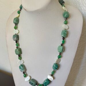 Green Stone & Shell Beaded Necklace with Silver Toggle Clasp